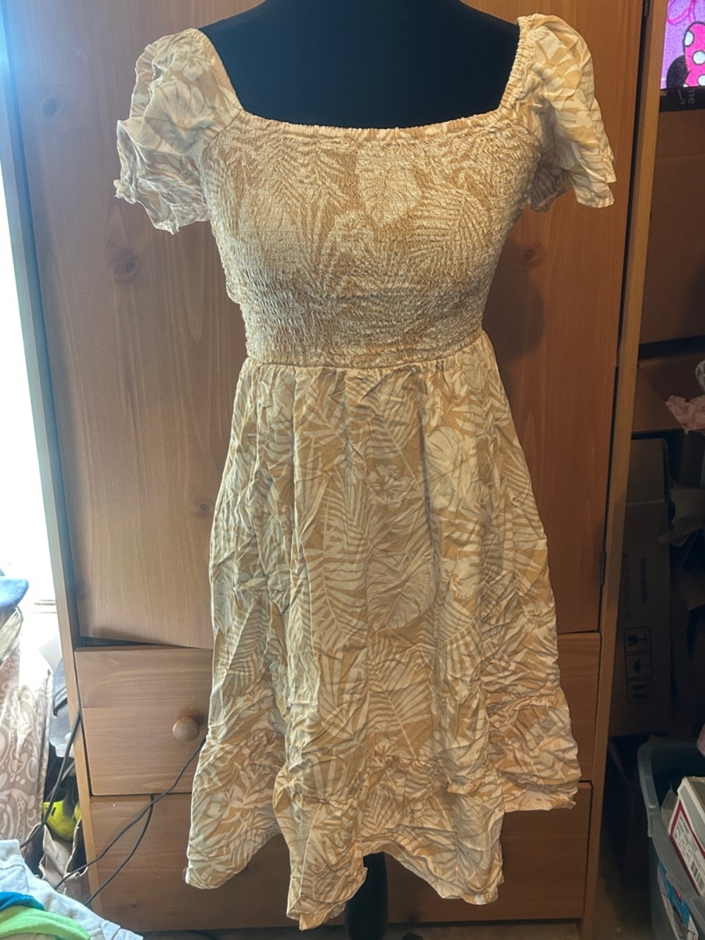 The Children's Place Beige Leaf-Print Smocked Square-Neck Dress